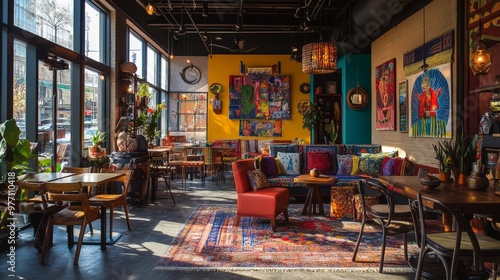 A vibrant bohemian cafe with eclectic furniture, colorful artwork, and a relaxed atmosphere, reflecting a creative and inviting environment.