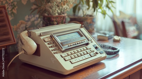 A vintage home telephone answering machine with a cassette tape, placed on a retro desk, highlighting the early technology for message recording.