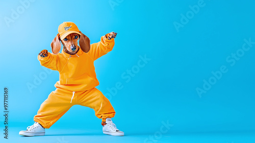 a cool funny dachshund in a breakdancing pose, wearing a tracksuit and sneakers