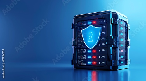 A futuristic digital security vault with a glowing shield icon, symbolizing data protection and cybersecurity innovation.