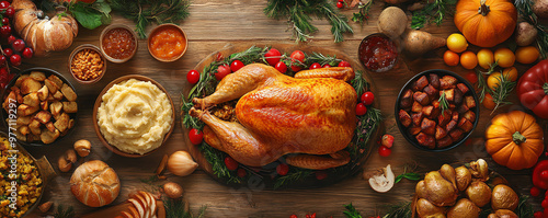 A festive Thanksgiving table spread featuring roasted turkey, mashed potato, and seasonal decorations with colorful vegetables.