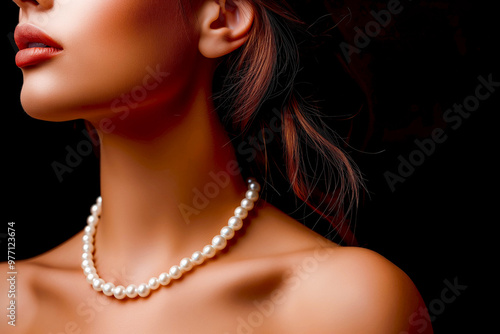 Young woman wearing elegant pearl jewelry on black background, space for text