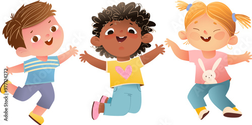 Happy laughing children boys and girls playing jumping together. Joyful childhood with friends, small kids jump and have fun . Vector clipart cartoon. Colorful characters Illustration for children.