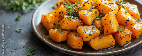 Delicious roasted butternut squash cubes, seasoned with herbs, served on a rustic plate, perfect for healthy meal ideas.