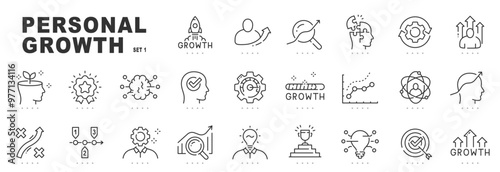 Set of personal growth related line icons. Development, improvement, achievement, upskill etc. Editable stroke