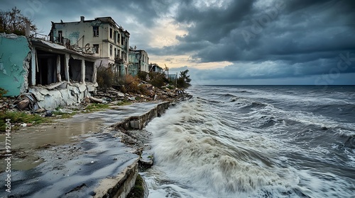 A coastline being eroded by storm surges with destroyed buildings along the shore