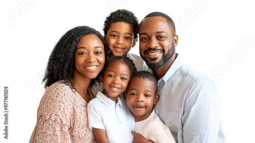 Happy african american family of dad mom daughter and son preschoolers on transparent background