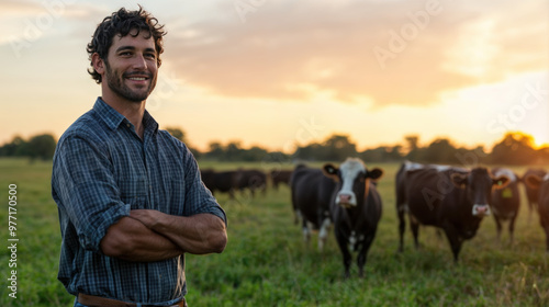 éleveur de vaches posant fièrement dans son champ devant son troupeau