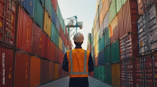 Back view of a logistics coordinator ensuring stock container in a brightly port