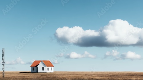 A white house with a striking red roof stands alone in a vast field under a sky dotted with fluffy white clouds, creating a contrast between human habitation and nature.