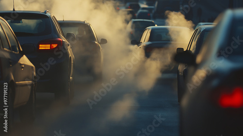 Cars are stuck in a traffic jam, emitting exhaust fumes