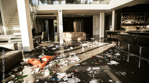 Modern living room trashed after wild party showing damage and flooding