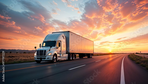 White trailer truck on empty roads at sunset with light trails, ideal for ads or promotions.