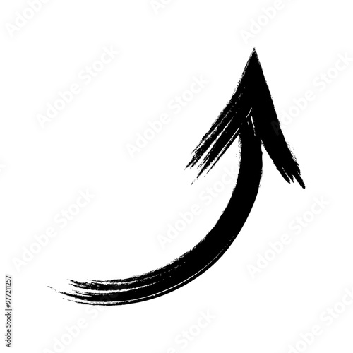 Hand drawn black grunge bent arrow pointing upwards, bold brush stroke. Modern graffiti design element