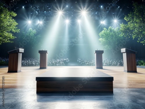 A dramatic moment of silence before a political debate begins spotlight on the empty podiums