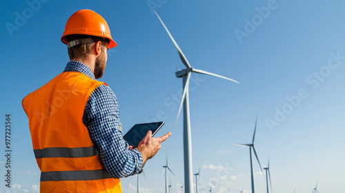 Engineer supervising wind turbines with tablet in hand, showcasing dedication