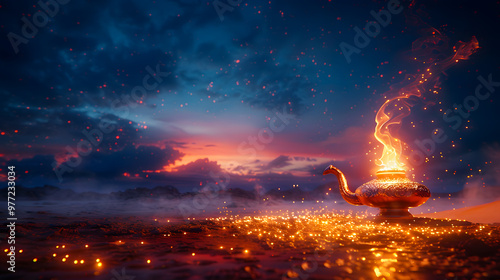 Aladdins mysterious lamp with glowing fire and smoke on magical night sky and desert background