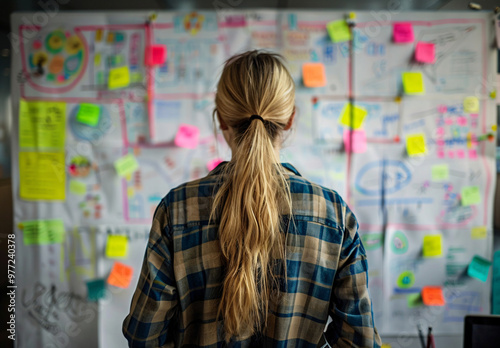 A woman in casual attire, standing at an office whiteboard with colorful post-it notes and complex flow charts, focusing on creating creative designs for marketing materials, her back to the camera 