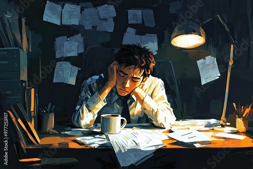 Tired employee sitting slumped at a desk with a mug of coffee and papers strewn about, eyes half-closed, under a glaring overhead light in a cluttered office space