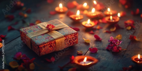 Decorative Diwali gift boxes adorned with golden ribbons and surrounded by glowing diyas and fresh flowers on a wooden table