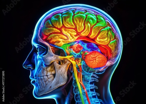 Detailed cross-sectional view of the human brain and skull undergoing a CT scan, with colorful anatomical structures and accurate shading to showcase the internal details