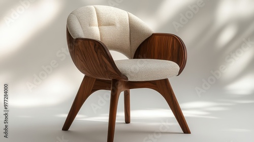 Contemporary wooden chair with upholstered seat and backrest on a white backdrop