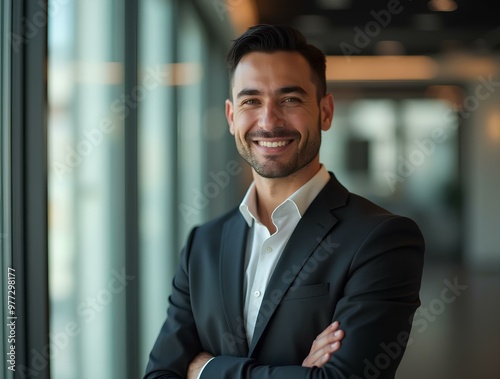 Smiling elegant confident young professional Latino hispanic business man , male working proud leader, smart Latin businessman lawyer or company manager executive looking at camera standing in office