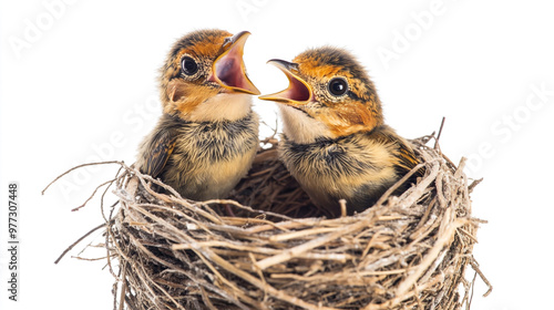 Two young birds in a nest chirping for food in a cozy environment during springtime