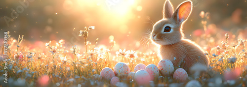 “An Easter Bunny Surrounded by Colorful Easter Eggs in a Sunny Meadow” 