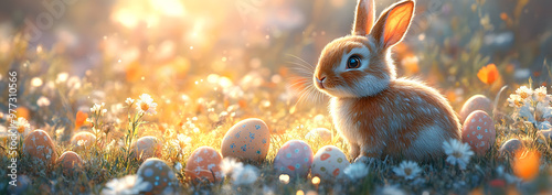 “An Easter Bunny Surrounded by Colorful Easter Eggs in a Sunny Meadow” 