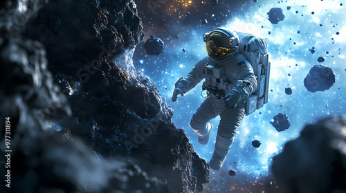 Astronauts with spaceship exploring an asteroid in space generative ai. Space Exploration. Illustration