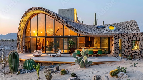 Sustainable earthship home in desert landscape: A self-sufficient earthship blends into the arid desert landscape, its sustainable design utilizing natural materials and solar power to harmonize 