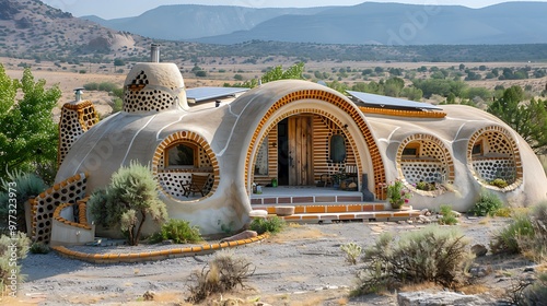 Sustainable earthship home in desert landscape: A self-sufficient earthship blends into the arid desert landscape, its sustainable design utilizing natural materials and solar power to harmonize 