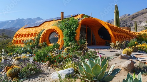 Sustainable earthship home in desert landscape: A self-sufficient earthship blends into the arid desert landscape, its sustainable design utilizing natural materials and solar power to harmonize 