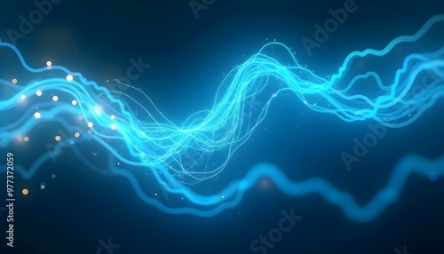 Bright blue waves of light undulate with a vibrant energy on a dark backdrop