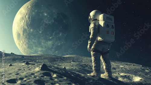 An astronaut explores the surface of the moon, with the vastness of space stretching out behind them