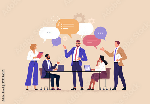 Business Team Brainstorming Concept. Vector illustration in flat style of a group of diverse people at a desk having a discussion with speech bubbles over their heads. Isolated on background