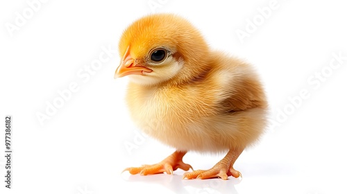 A cute baby chick stands alone, isolated on a white background, radiating innocence.