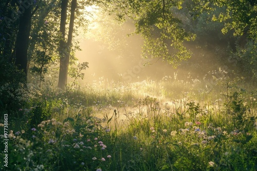 Tranquil forest clearing at sunrise rays of sunlight filtering through the lush green