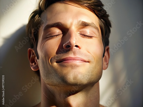 A close-up shot of a human head facing upwards, eyes closed, and a gentle smile, surrounded by subtle shadows and soft, natural lighting.