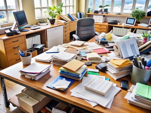 A cluttered office desk with scattered paperwork, pens, and a few forgotten call cards, conveying a sense of disorganization and overwhelming workload.