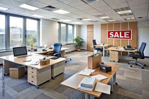 A deserted, cluttered office with empty desks, scattered papers, and a "For Sale" sign on the door, symbolizing corporate bankruptcy and financial crisis.