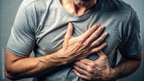 A person's hand grasping their chest, face contorted in distress, conveying a sense of desperation and anxiety, as if struggling to catch their breath.