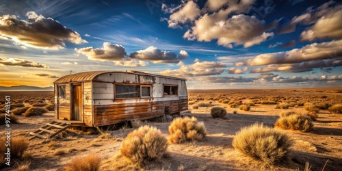 A rusted, abandoned trailer sits alone in a vast, sun-baked desert landscape, with tumbleweeds blowing by, evoking a sense of freedom and isolation.