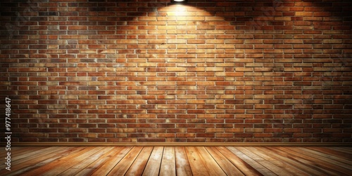 Brick wall stage with wooden floor and spotlight for product presentation