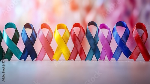 A row of ribbons of different colors on a soft-focus background, symbolizing various types of cancer awareness