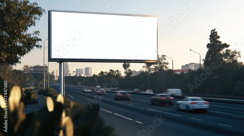 Blank Billboard Overlooking Busy Highway on Sunny Day