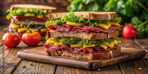 Juicy slices of cured pastrami piled high on crusty rye bread with lettuce, tomato, and tangy mustard, served on a rustic wooden table.