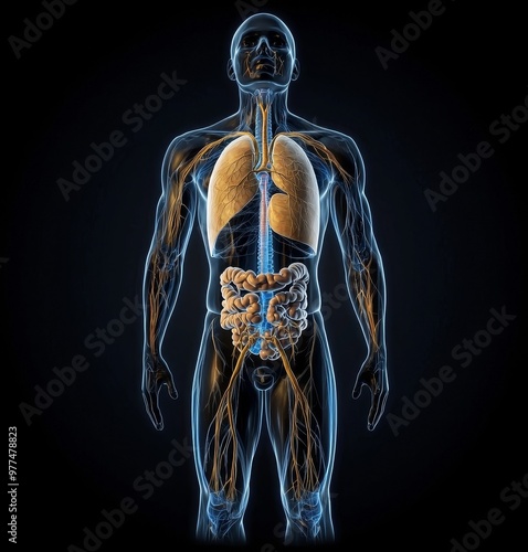 Diagram of the cardiovascular, nervous, skeletal, and lumbar systems of a man.