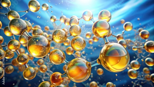 Microscopic illustration of unsaturated fatty acid molecules, omega-3 and omega-6, surrounded by water and lipids, highlighting their molecular structure and nutritional benefits.